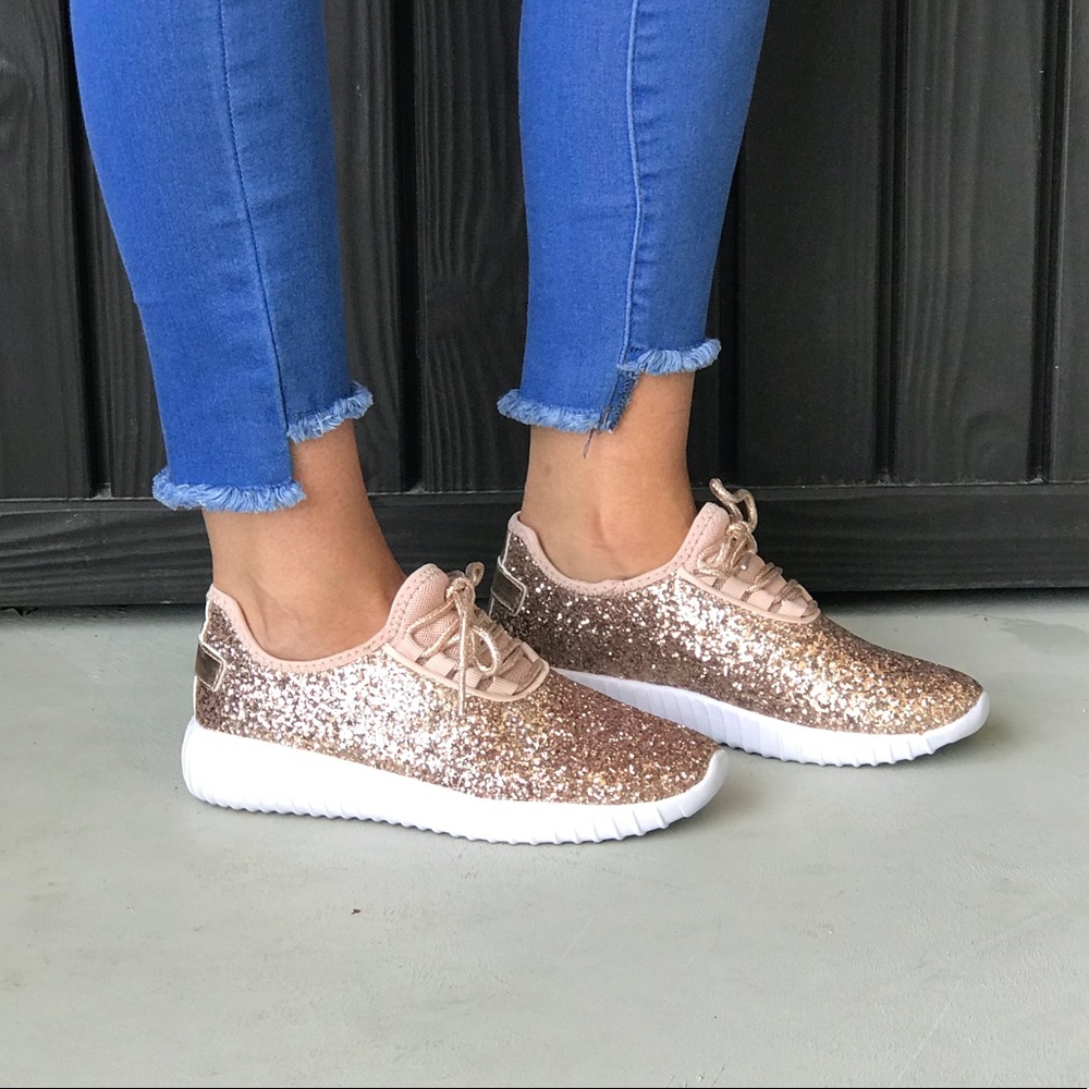 NIB Lightweight Rose Gold Glitter Sparkly Sneakers - Picture 6 of 8